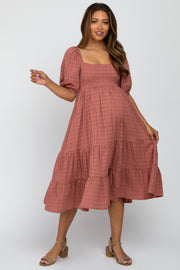 Mauve Plaid Square Neck Maternity Midi Dress