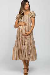 Gold Paisley Print Square Neck Smocked Maternity Midi Dress