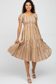 Gold Paisley Print Square Neck Smocked Midi Dress