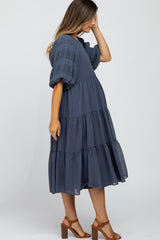 Navy Chiffon Tiered Balloon Sleeve Maternity Midi Dress