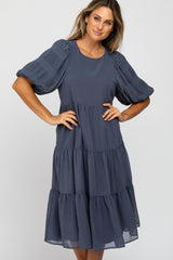 Navy Chiffon Tiered Balloon Sleeve Midi Dress