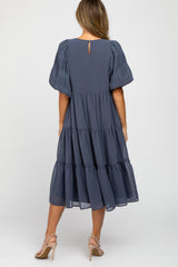 Navy Chiffon Tiered Balloon Sleeve Midi Dress