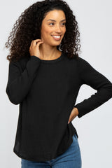 Black Basic Waffle Knit Long Sleeve Top