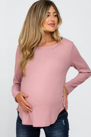 Mauve Basic Waffle Knit Maternity Long Sleeve Top