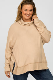 Beige Soft Knit Dolman Sleeve Cowl Neck Maternity Plus Top