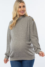 Heather Grey Ribbed Mock Neck Button Trim Long Sleeve Maternity Top