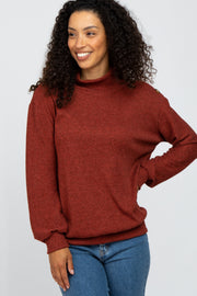 Rust Ribbed Mock Neck Button Trim Long Sleeve Top