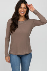 Taupe Pointelle Knit Long Sleeve Top