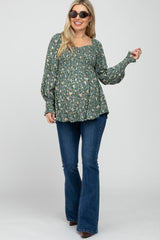 Light Olive Floral Smocked Bubble Sleeve Maternity Blouse