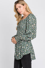 Light Olive Floral Smocked Bubble Sleeve Blouse