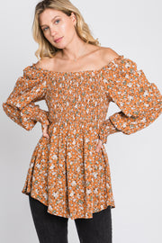 Camel Floral Smocked Bubble Sleeve Blouse