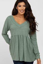 Olive Ribbed Long Sleeve Babydoll Top