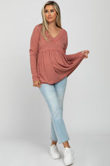 Rust Ribbed Long Sleeve Maternity Babydoll Top