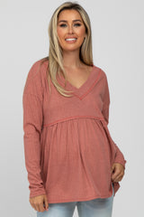 Rust Ribbed Long Sleeve Maternity Babydoll Top