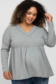 Grey Ribbed Long Sleeve Plus Maternity Babydoll Top