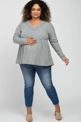 Grey Ribbed Long Sleeve Plus Maternity Babydoll Top