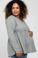 Grey Ribbed Long Sleeve Plus Maternity Babydoll Top