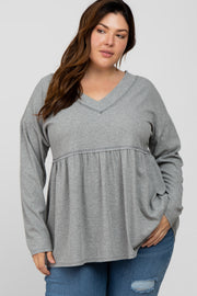 Grey Ribbed Long Sleeve Plus Babydoll Top