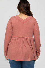 Rust Ribbed Long Sleeve Plus Babydoll Top