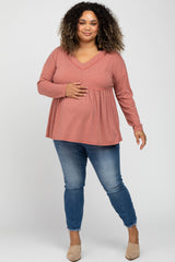 Rust Ribbed Long Sleeve Plus Maternity Babydoll Top