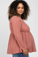 Rust Ribbed Long Sleeve Plus Maternity Babydoll Top