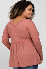 Rust Ribbed Long Sleeve Plus Maternity Babydoll Top