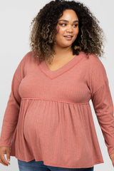 Rust Ribbed Long Sleeve Plus Maternity Babydoll Top