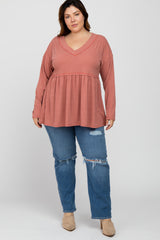 Rust Ribbed Long Sleeve Plus Babydoll Top