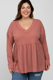 Rust Ribbed Long Sleeve Plus Babydoll Top