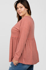 Rust Ribbed Long Sleeve Plus Babydoll Top