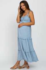 Blue Ditsy Floral Ruffle Accent Maternity Maxi Dress