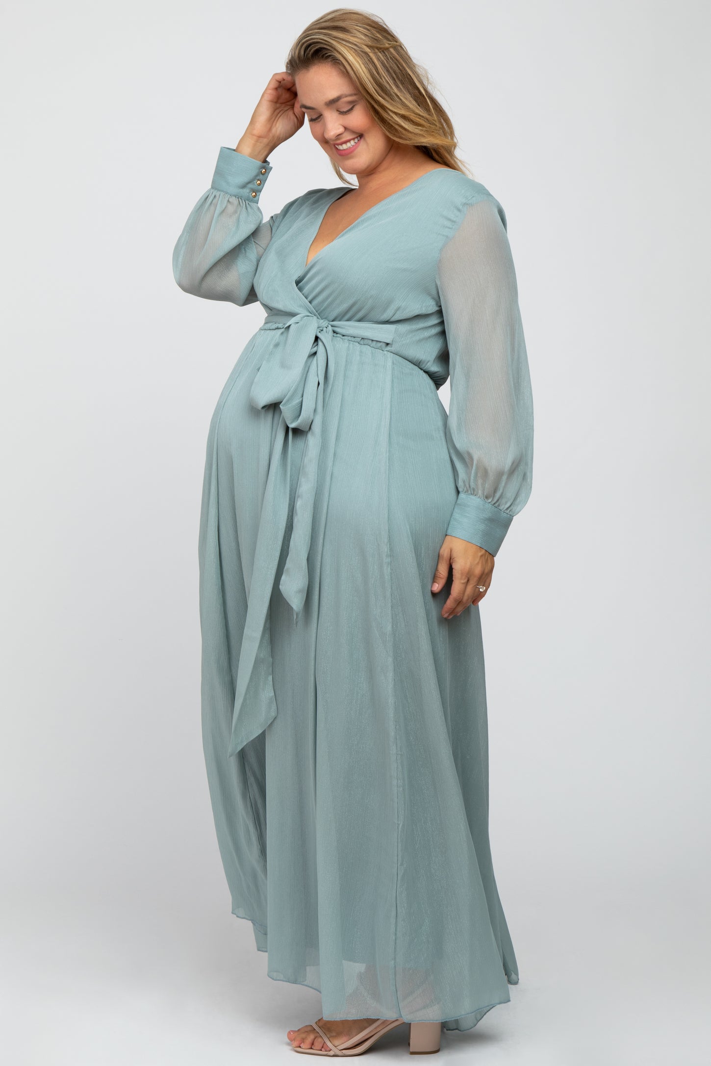 Mint Green Metallic Chiffon Maternity Plus Maxi Dress– PinkBlush