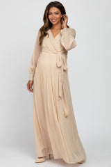 Cream Metallic Chiffon Maternity Maxi Dress