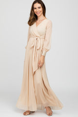 Cream Metallic Chiffon Maternity Maxi Dress