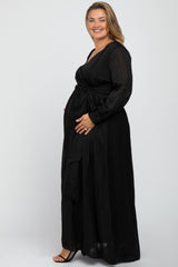 Black Metallic Striped Chiffon Maternity Plus Maxi Dress