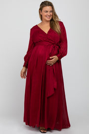 Burgundy Metallic Striped Chiffon Maternity Plus Maxi Dress