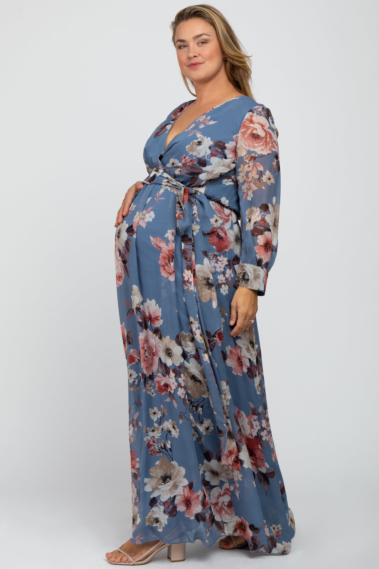 Blue Floral Chiffon Maternity Plus Maxi Dress– PinkBlush