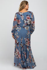 Blue Floral Chiffon Maternity Plus Maxi Dress