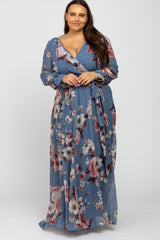 Blue Floral Chiffon Plus Maxi Dress