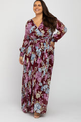 Burgundy Floral Chiffon Plus Maxi Dress