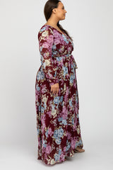 Burgundy Floral Chiffon Plus Maxi Dress