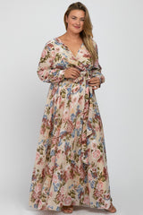 Taupe Floral Chiffon Maternity Plus Maxi Dress