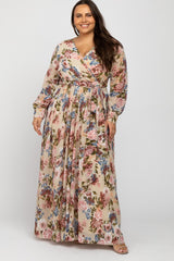 Taupe Floral Chiffon Maternity Plus Maxi Dress