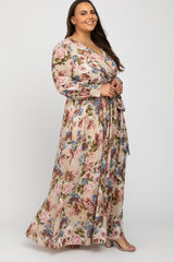 Taupe Floral Chiffon Plus Maxi Dress