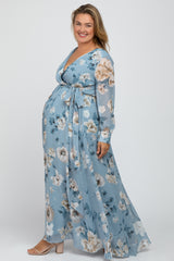 Light Blue Floral Chiffon Maternity Plus Maxi Dress