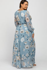 Light Blue Floral Chiffon Plus Maxi Dress