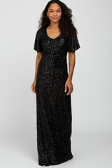 Black Sequin Short Sleeve Maxi Dress