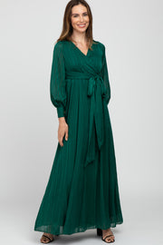 Forest Green Metallic Striped Chiffon Maxi Dress