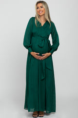 Forest Green Metallic Striped Chiffon Maternity Maxi Dress