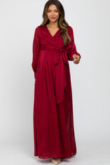 Burgundy Metallic Striped Chiffon Maternity Maxi Dress